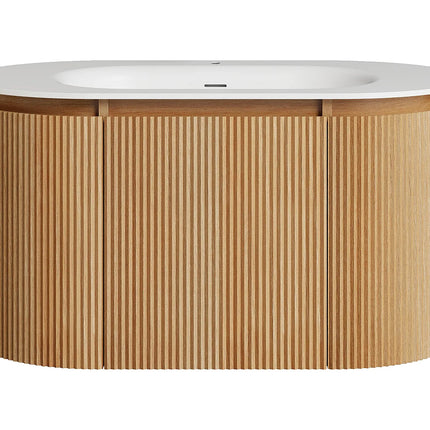 Meuble de salle de bain suspendu strié avec vasque à encastrer en résine blanc mat - Naturel clair - 90 cm - LILIKO