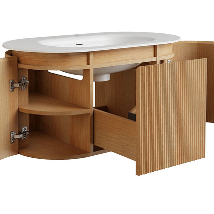 Meuble de salle de bain suspendu strié avec vasque à encastrer en résine blanc mat - Naturel clair - 90 cm - LILIKO