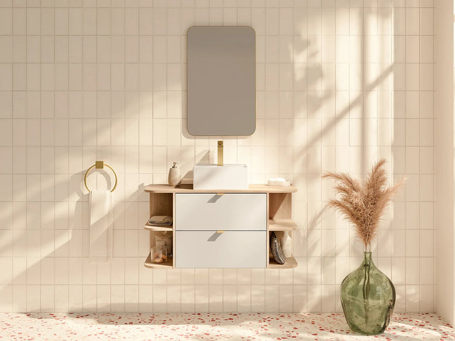 Meuble de salle de bain suspendu avec vasque à poser carrée - Beige et naturel clair - 60 cm - LAVENA