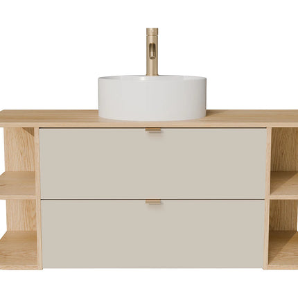 Meuble de salle de bain suspendu avec vasque à poser ronde - Beige et naturel clair - 80 cm - LAVENA