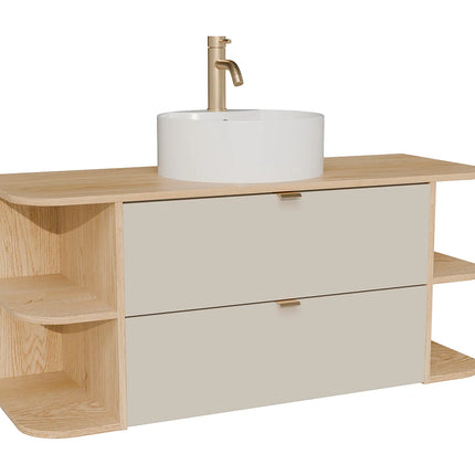 Meuble de salle de bain suspendu avec vasque à poser ronde - Beige et naturel clair - 80 cm - LAVENA