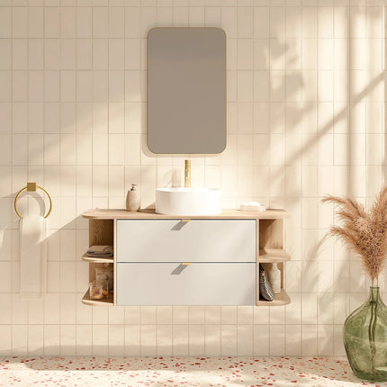 Meuble de salle de bain suspendu avec vasque à poser ronde - Beige et naturel clair - 80 cm - LAVENA