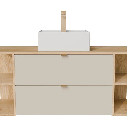 Meuble de salle de bain suspendu avec vasque à poser carrée - Beige et naturel clair - 80 cm - LAVENA