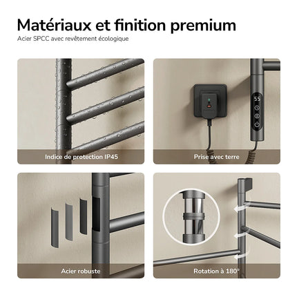 Sèche-serviettes électrique pivotant 180° - Gris - 45 cm - EMKE