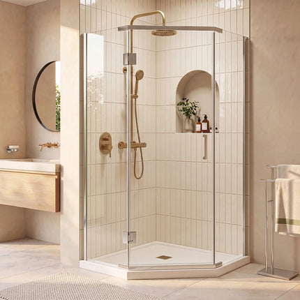Paroi de douche d'angle porte battante avec receveur quart de cercle - blanc - 90 cm - ARDIA