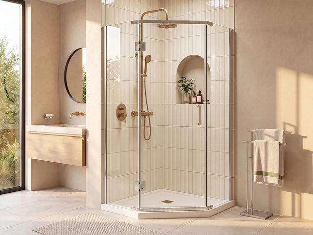 Paroi de douche d'angle porte battante avec receveur quart de cercle - blanc - 90 cm - ARDIA
