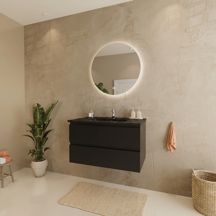 Meuble de salle de bains suspendu mat noir avec vasque en marbre minéral noire - 80 cm - Marenza