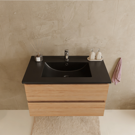 Meuble de salle de bains suspendu chêne clair avec vasque noire en marbre minéral - 80 cm - Marenza