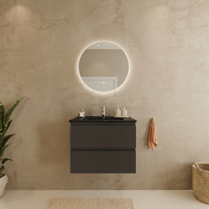 Meuble de salle de bain suspendu mat noir avec vasque en marbre minéral noire - 60 cm - Marenza
