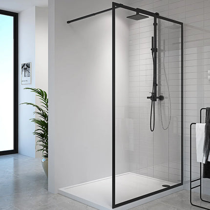 Paroi de douche à l'italienne avec barre de stabilisation - Noir mat - 140 cm - AMBERI