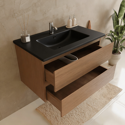 Meuble suspendu avec vasque en marbre minéral - Noir - 80 cm - Marenza