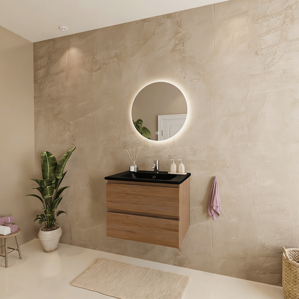 Meuble de salle de bains suspendu finition chêne chaud avec vasque en marbre minéral noir - 60 cm - Marenza