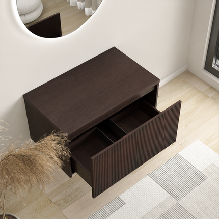 Meuble bas suspendu avec plan supérieur en placage noyer - Noyer strié - 80 cm - Messina