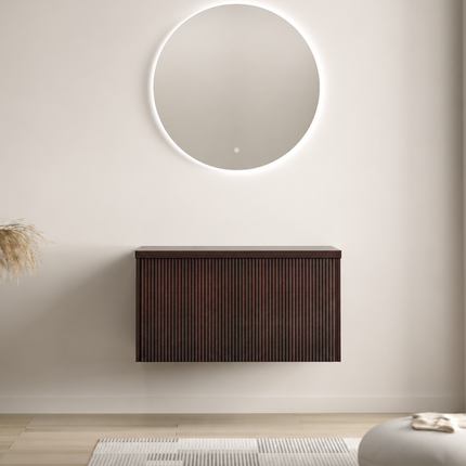 Meuble bas suspendu avec plan supérieur en placage noyer - Noyer strié - 80 cm - Messina
