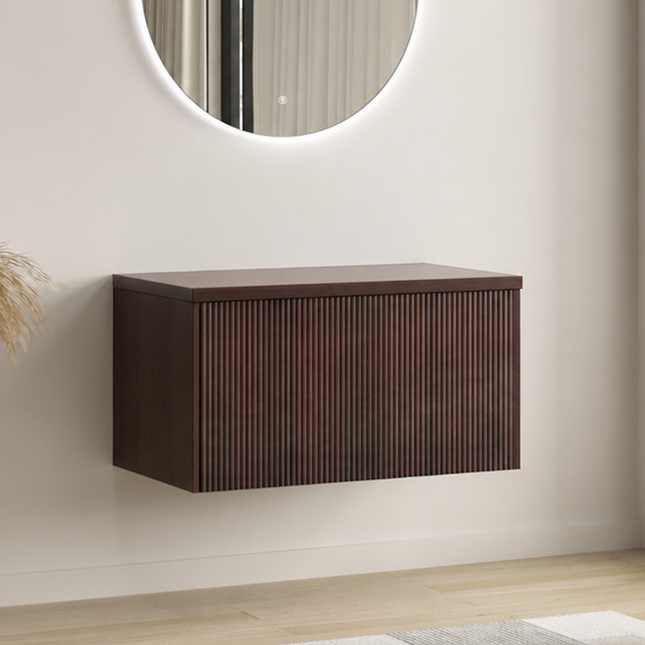 Meuble bas suspendu avec plan supérieur en placage noyer - Noyer strié - 80 cm - Messina