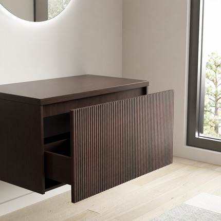 Meuble bas suspendu avec plan supérieur en placage noyer - Noyer strié - 80 cm - Messina