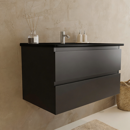 Meuble de salle de bains suspendu mat noir avec vasque en marbre minéral noire - 80 cm - Marenza