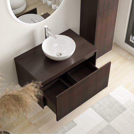 Meuble de salle de bain suspendu cannelé avec vasque en céramique - Noyer et blanc - 80 cm - Tropani