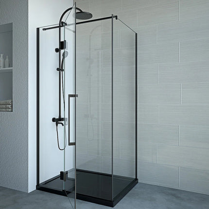 Paroi de douche fixe avec porte pivotante style industriel finition noir mat - 100 cm - PRINCETON