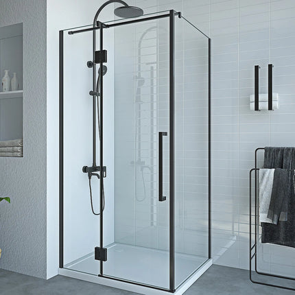 Paroi de douche fixe avec porte pivotante style industriel finition noir mat - 100 cm - PRINCETON