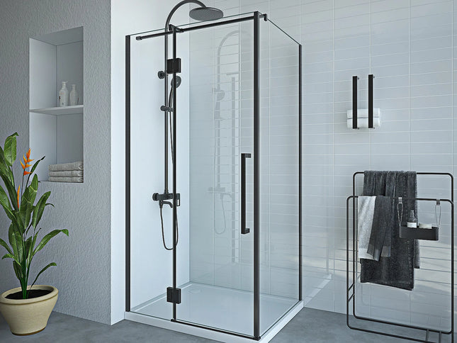 Paroi de douche fixe avec porte pivotante style industriel finition noir mat - 100 cm - PRINCETON