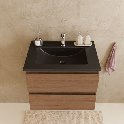 Meuble de salle de bains suspendu finition chêne chaud avec vasque en marbre minéral noir - 60 cm - Marenza