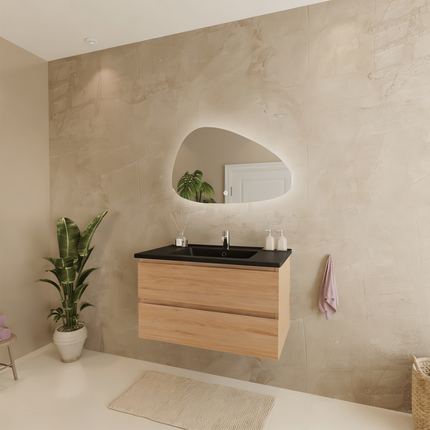 Meuble de salle de bains suspendu chêne clair avec vasque noire en marbre minéral - 80 cm - Marenza