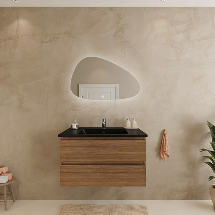 Meuble suspendu avec vasque en marbre minéral - Noir - 80 cm - Marenza