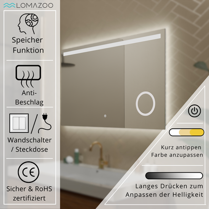 Miroir de salle de bains fonctionnel avec éclairage LED et miroir grossissant 5x - 100 x 60 cm - Riviera