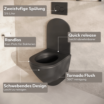 Toilette suspendue sans bride avec réservoir encastré - Noir - Linea