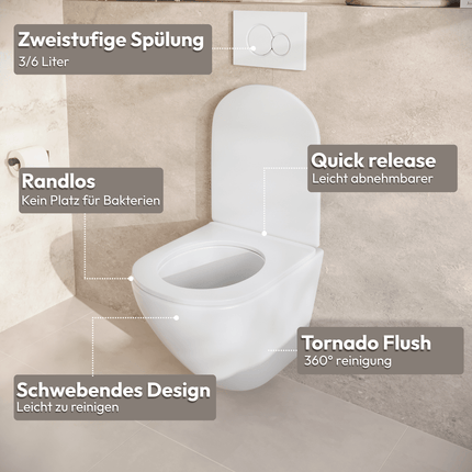 Toilettes suspendues sans bride avec réservoir encastré - Blanc - Linea