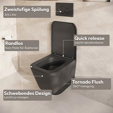 WC suspendu design carré avec réservoir encastré réglable - Noir - Linea