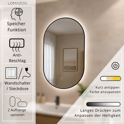 Miroir ovale avec éclairage LED réglable - noir - 100 cm - Tanger