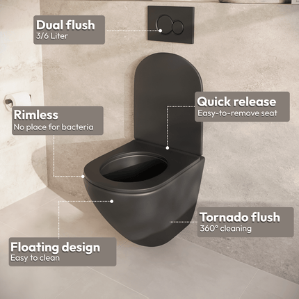Toilette suspendue sans bride avec réservoir encastré - Noir - Linea