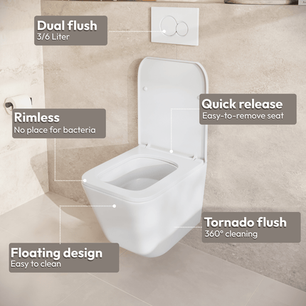 Toilette suspendue sans rebord avec réservoir encastré - Blanc - Linea