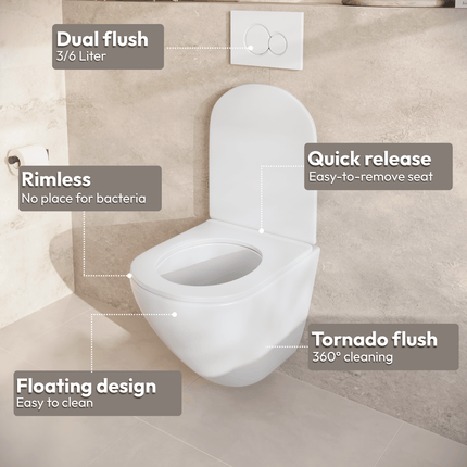 Toilette suspendue ronde avec réservoir encastré - Blanc - Linea