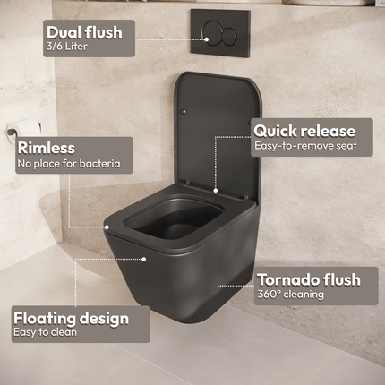 Toilette suspendue design sans bride avec réservoir encastré - Noir - Linea