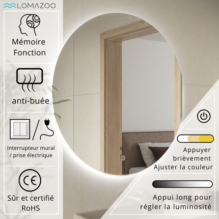 Miroir de salle de bains avec éclairage LED et fonction anti-buée - 80 cm - DALLAS
