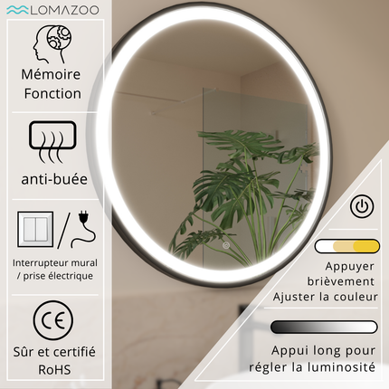 Miroir salle de bain LED avec fonction anti-buée - Noir - 80 cm - FLORENCE