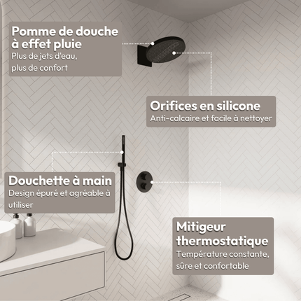 Kit de douche encastré design noir mat - 30 cm - Lunar