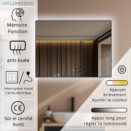 Miroir LED avec fonction anti-buée - 80 x 60 cm - LYON