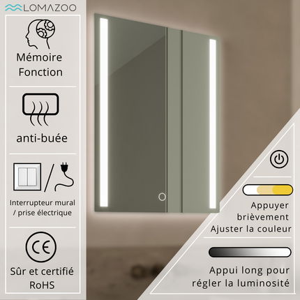 Miroir de salle de bains LED réglable avec fonction anti-buée - 60 cm - Phoenix