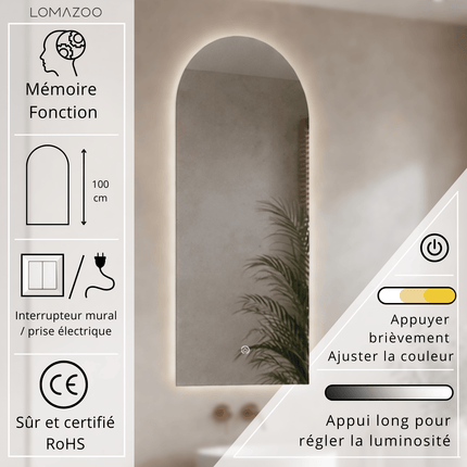Miroir salle de bains design arc avec éclairage LED réglable - 45 cm - Tunis