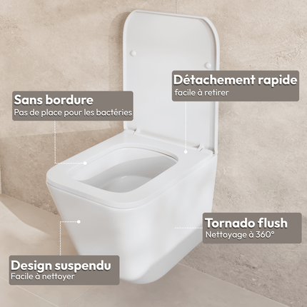 Toilette suspendue sans bride - design carré - blanc - LINEA