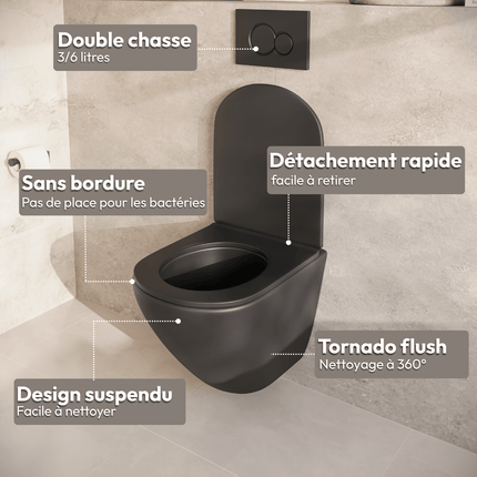 Toilette suspendue design rond avec réservoir encastré - noir - Linea