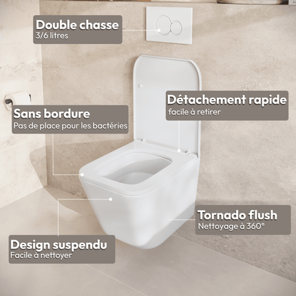 WC suspendu design carré avec réservoir encastré - blanc - Linea