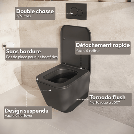 Toilette suspendue design carré avec réservoir encastré - Noir - Linea