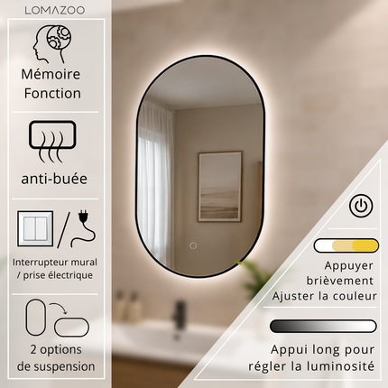 Miroir ovale avec éclairage LED réglable - cadre noir - 90 cm - Tanger