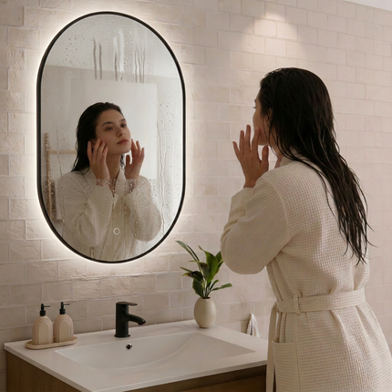 Miroir ovale avec éclairage LED réglable - cadre noir - 90 cm - Tanger