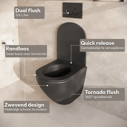 Toilette suspendue sans bride avec réservoir encastré - Noir - Linea